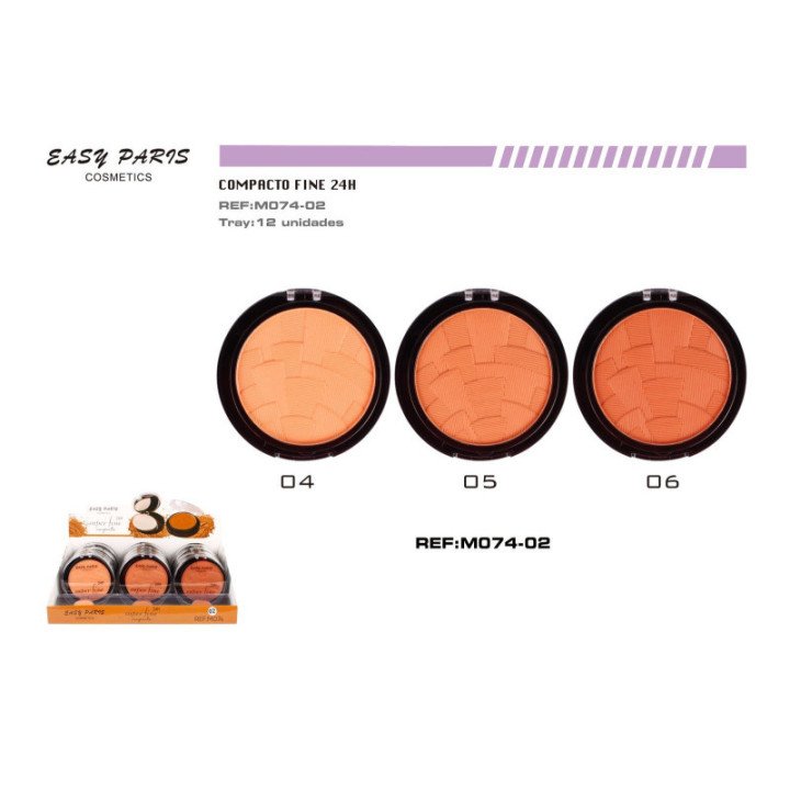 M074-02 : MAQ.COMPACTO SUPER FINO 24H C/ESPEJO+BORLA 12/U 144/U