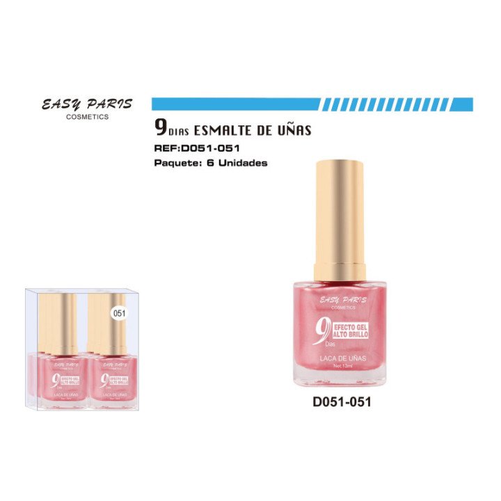 D051-051 : LACA DE UÑAS 9 DIAS ROSA PERLA 6/U